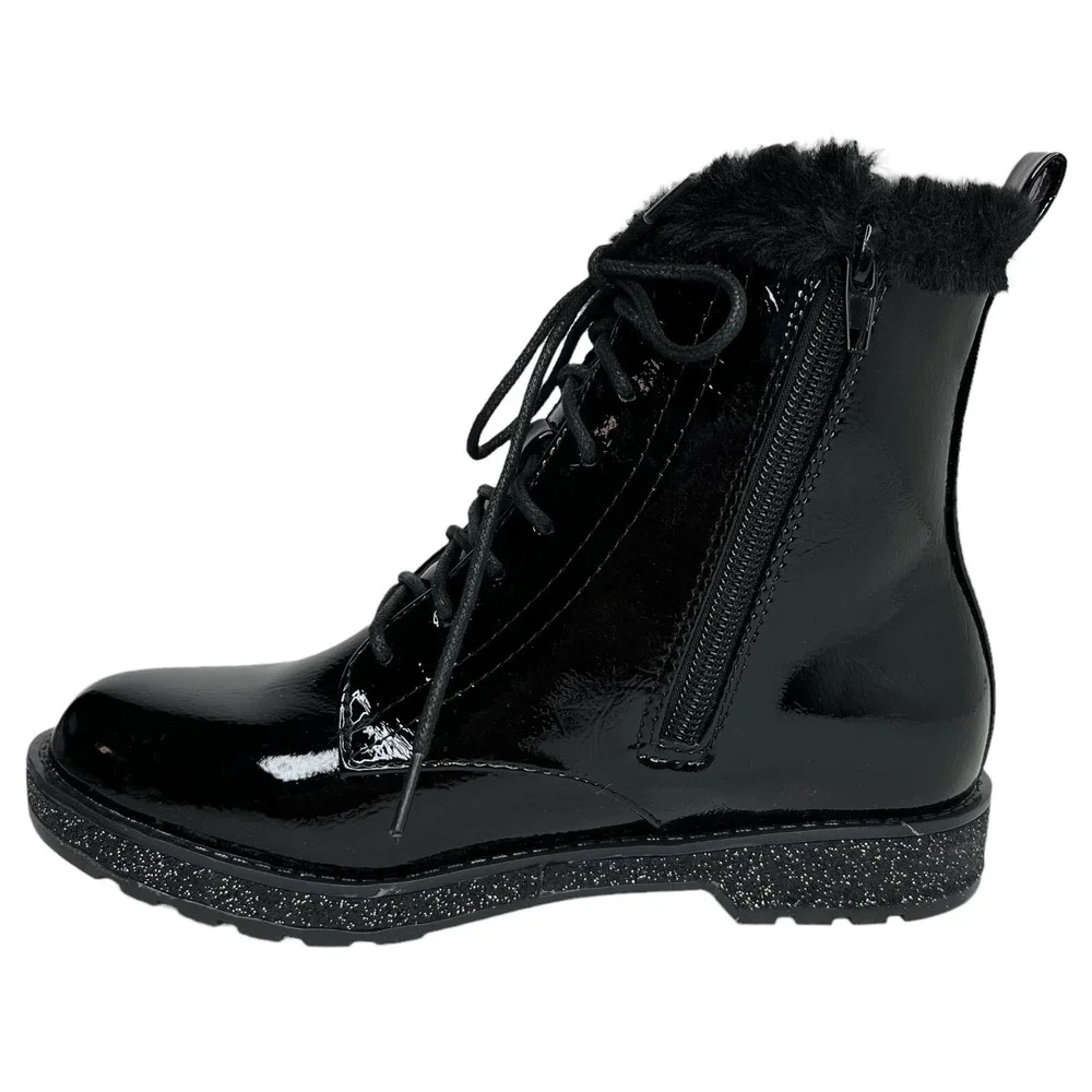 Mia Youth Girls Fashion‎ Boot Size 2Y Black Glitter Accent Faux Fur Trim Lace up